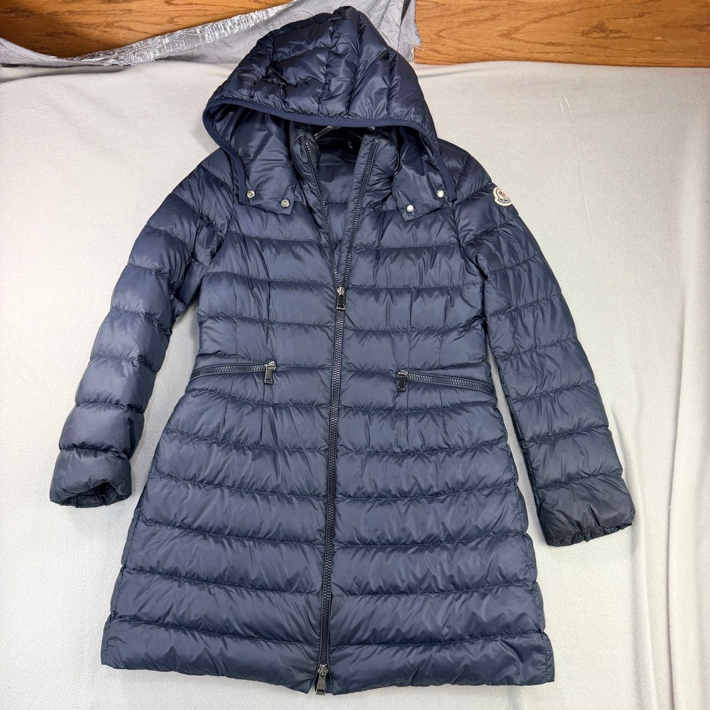 Moncler Longue Saison Girls Sz 12 Navy Blue Quilted Down Puffer Coat Hooded